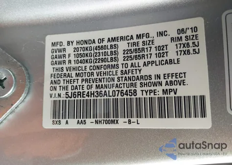 2010 Honda Cr-V Lx from USA, damaged, VIN 5J6RE4H36AL076458